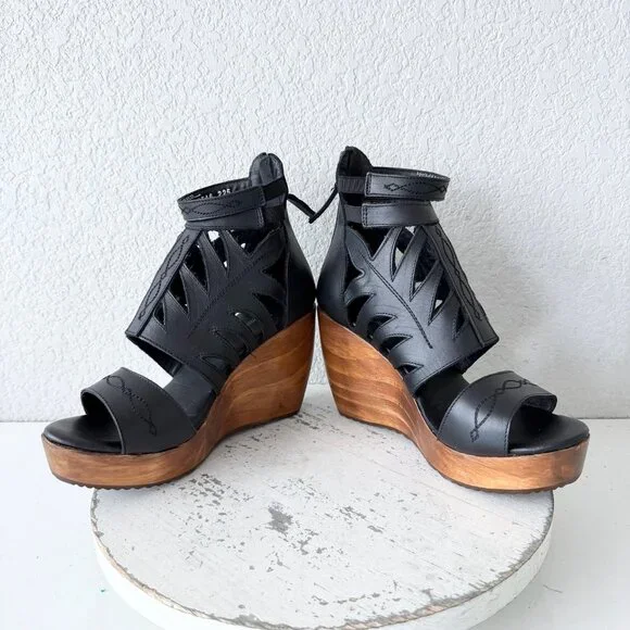 Lane Boots BECCA Womens Black Wedges 8.5 Western Sandals Cowgirl Wooden Heels - Picture 7 of 10